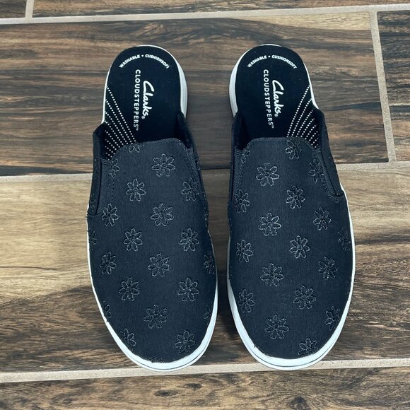 Clarks Breeze Shore Womens Size 8 Shoes Black Floral Canvas Slip On Mule - Picture 11 of 12